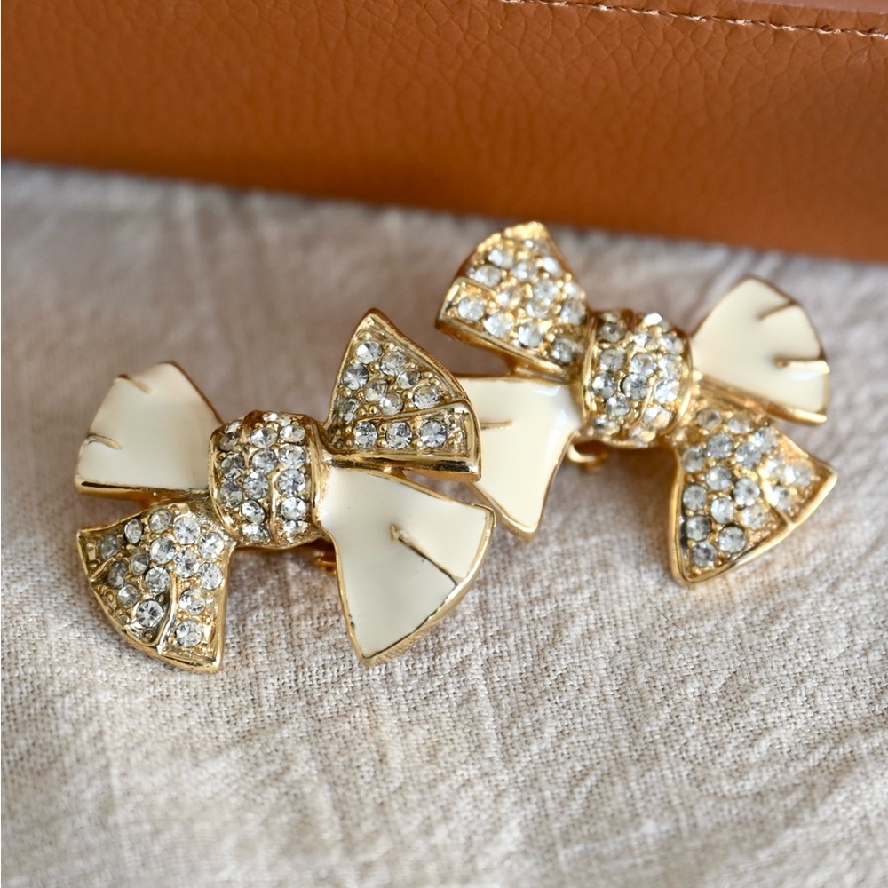 Vintage Givenchy Bow Tie Knot Cute White Enamel Rhinestone Gold Clip-on Earrings